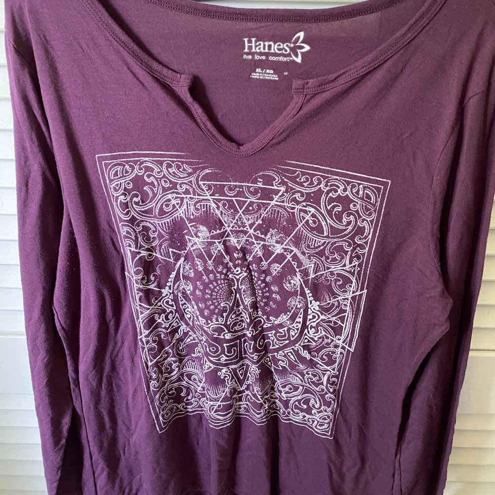 Purple Long Sleeve Geometric Graphic Tee, XL
